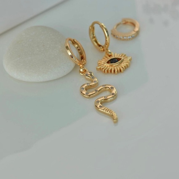Earrings  Snake Evil Eye Hoop Trio Earrings 18k Gold Tone Luxury - Picture 2 of 9